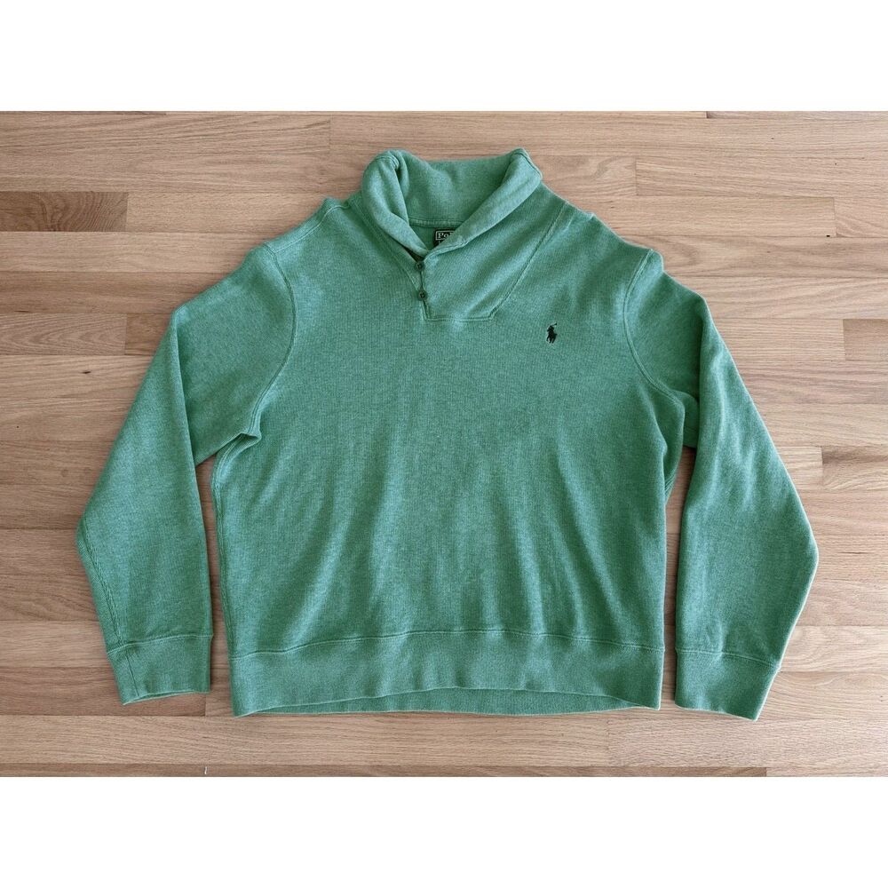 Vintage Polo Ralph Lauren Shawl Collar Sweater Green Knit Pullover Pony Logo XL
